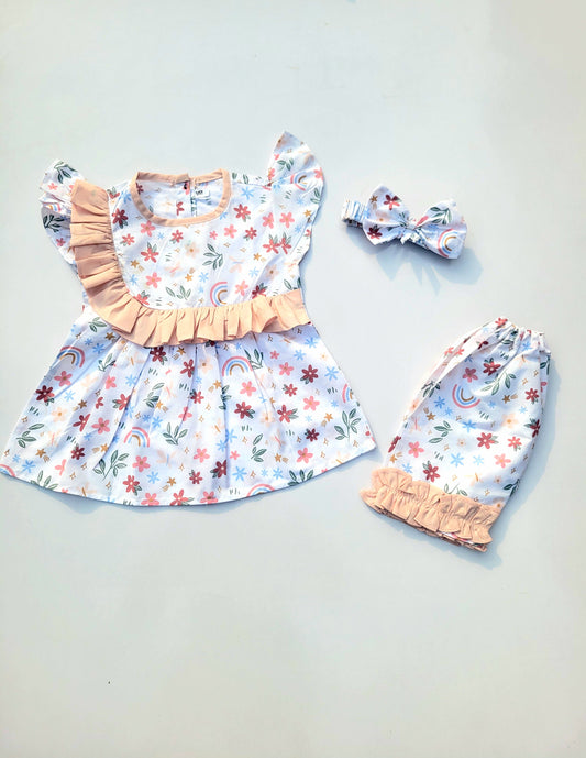 Summer Soft Cotton Frock with Shorts & Band - White Booti Print