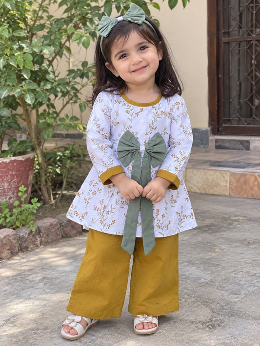 Full Bazoo Frock with Band Or Green Big Bow & Trouser