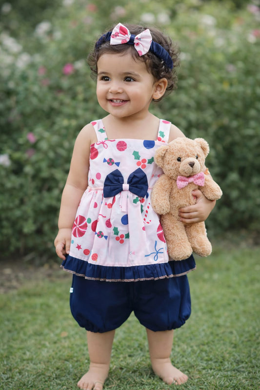 Summer Cotton Frock with Band & Trouser in Blue Bow