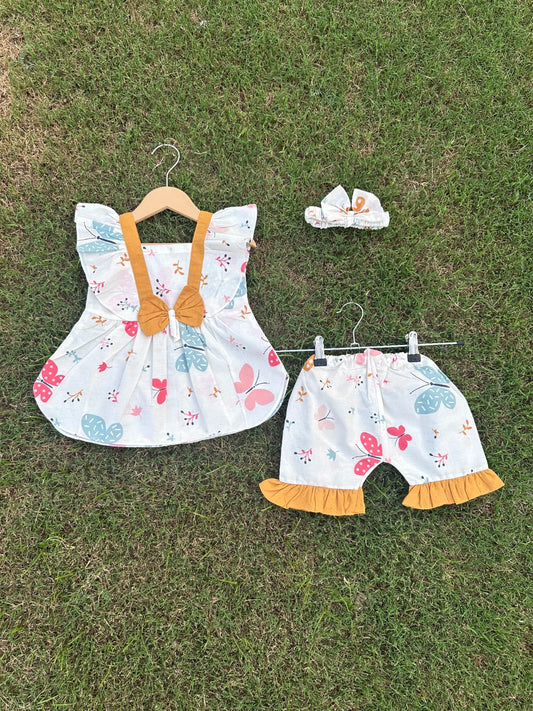 Frock with Band & Shorts in - Yellow Bow Design