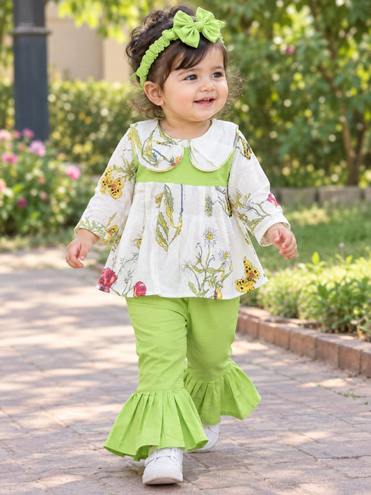Full Bazoo Frock with Band & Green Palazzo in Winter Cotton