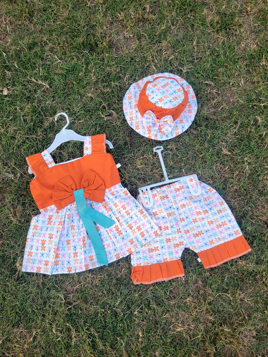 Frock with Cap & Shorts in Orange Contrast