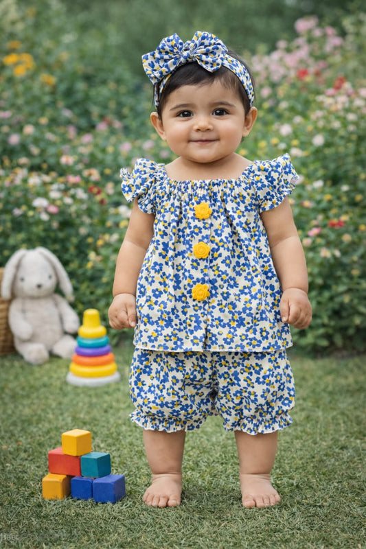 Summer Soft Cotton Frock with Shorts & Band - Purple Floral