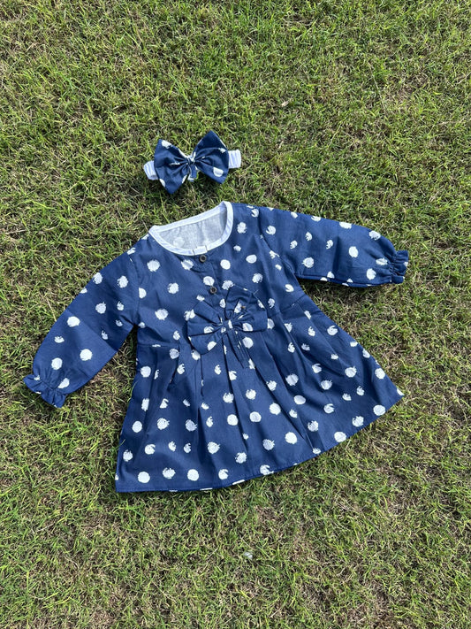 Single Frock with Band blue Polka dots
