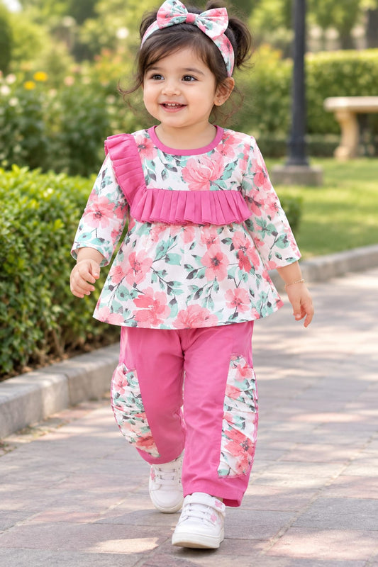 Full Bazoo Frock with Band & Pink Frill Trouser in Winter Cotton