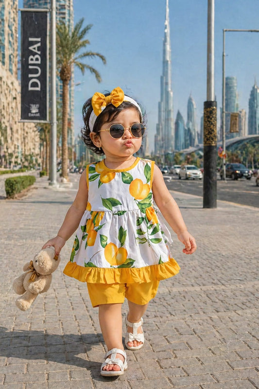 Frock & Short With Same Band in lemon Print