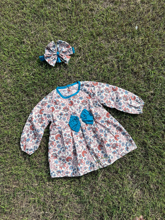 Single Frock with Band Blue flower Boti