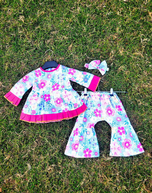 Frock with Band & Shorts in Pink Flowers
