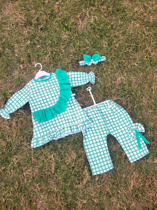 Frock with Band & Shorts in Green Check