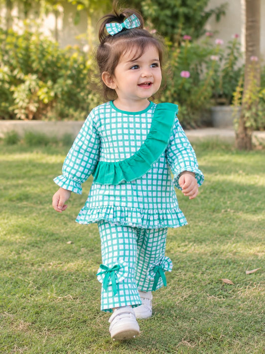 Full Bazoo Frock with Band & Trouser With Green Frill