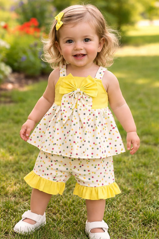 3PC Summer Cotton Frock with Short in Yellow color