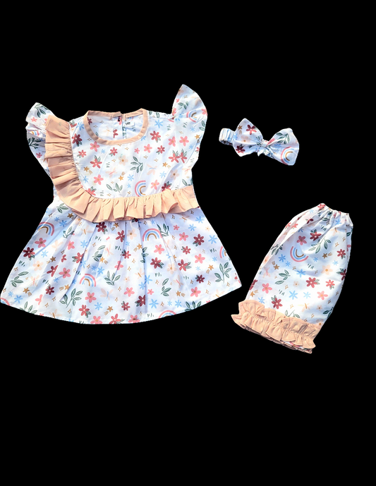 Summer Soft Cotton Frock with Shorts & Band - White Booti Print