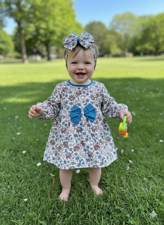 Single Frock with Band Blue flower Boti