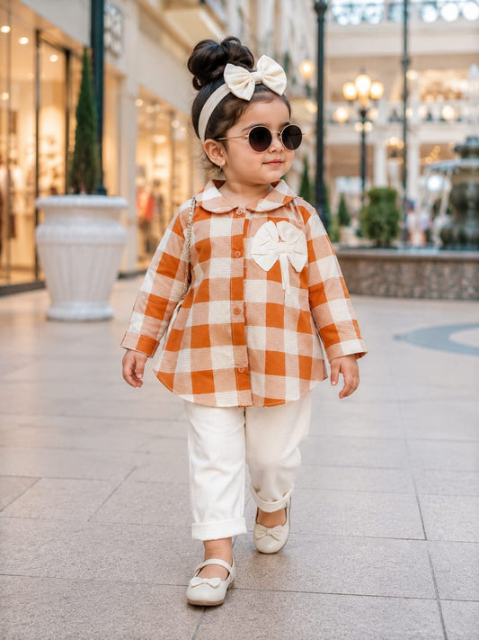 Full Bazoo Frock Brown Check with Band & Trouser in Winter Cotton