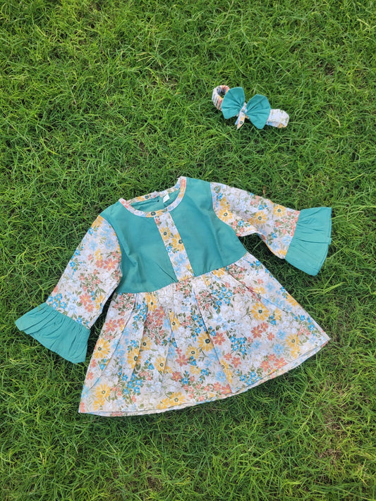 Single Frock with Band Blue Bazo Frill