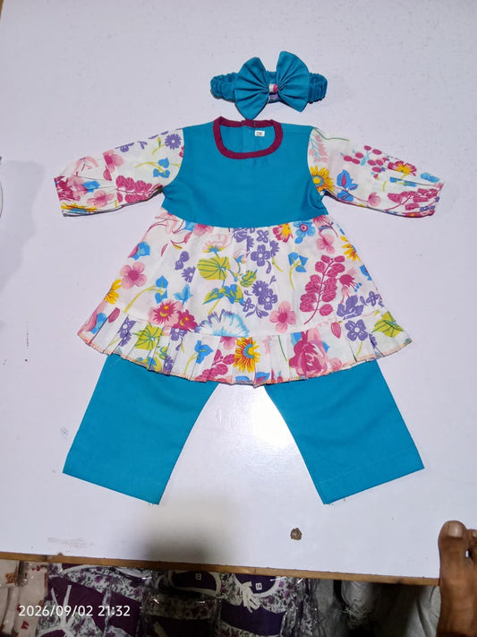 Full Bazoo Frock with Band & Blue Trouser in Winter Cotton