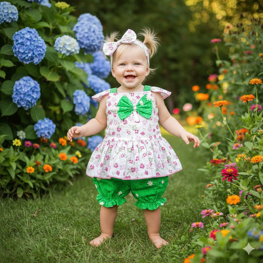 Frock with Band With Bow & Short in Green