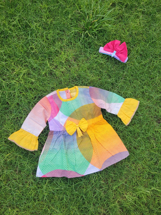 Single Frock with Band Yellow Bazo Frill