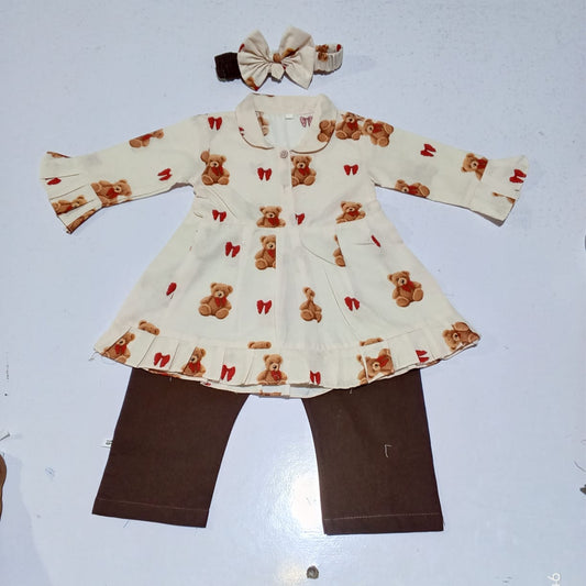Full Bazoo Frock with Band & Brown Trouser in Winter Cotton