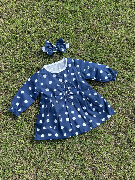 Single Frock with Band blue Polka dots