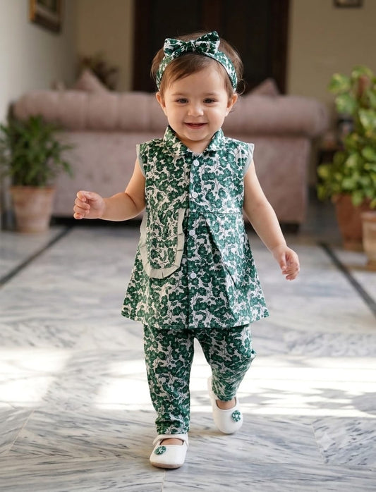 Frock With Trouser and Same Band in Pocket Frill Design Lilies Print