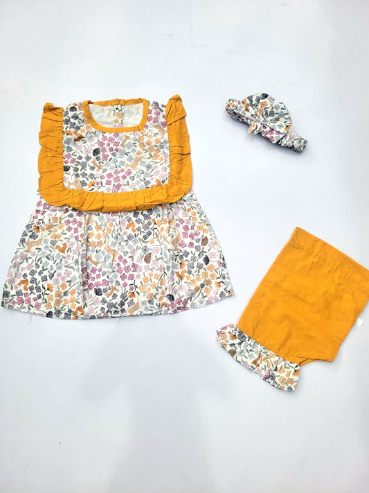 Summer Soft Cotton Frock with Shorts & Band  - Yellow Frill