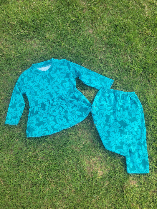 Full Bazo Frock with Trouser In Banayani Stuff jersey cotton ferozi color