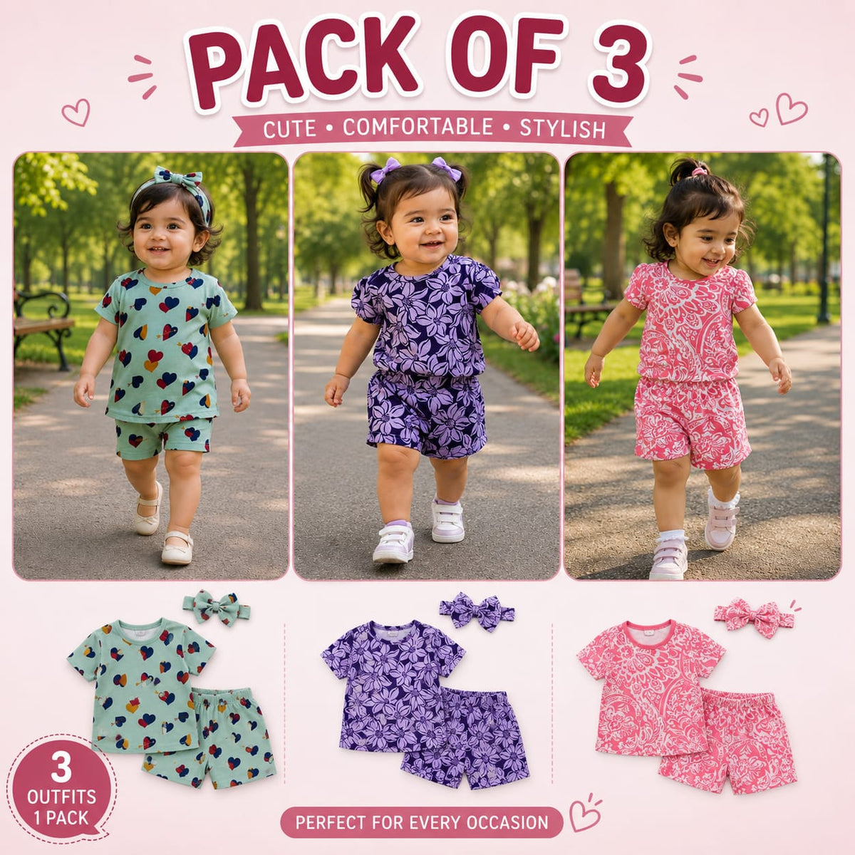 Pack of 3 Baby Girl Designs Half Bazo Niker Shirt  Pair's ( Random Design )
