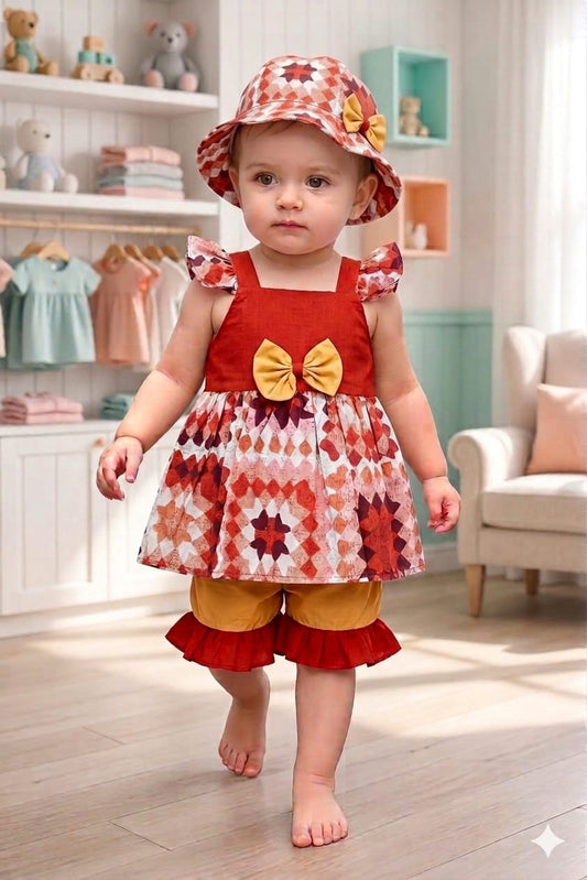 Frock with Cap & Shorts in Orange