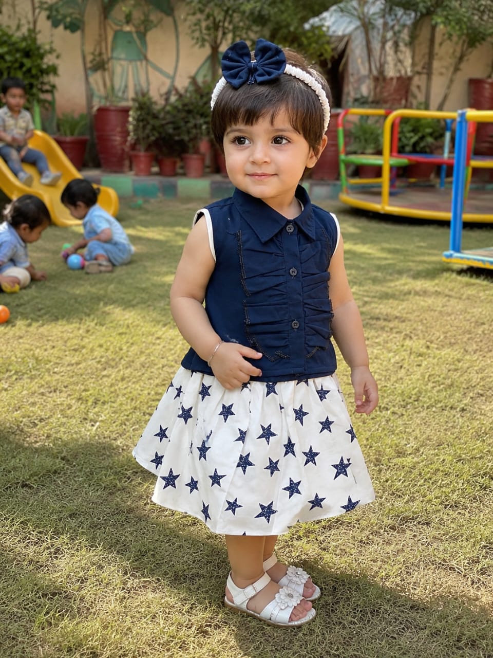 Blue Top White  Skirt With band