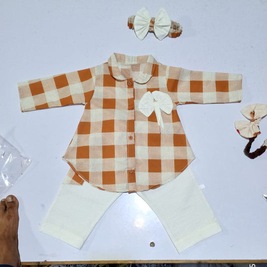 Full Bazoo Frock Brown Check with Band &  Trouser in Winter Cotton