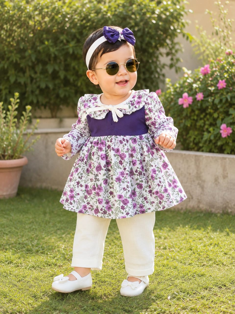 Full Bazoo Frock with Band & White Trouser in Winter Cotton