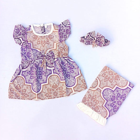 Summer Soft Cotton Frock with Shorts & Band  - Mix prints