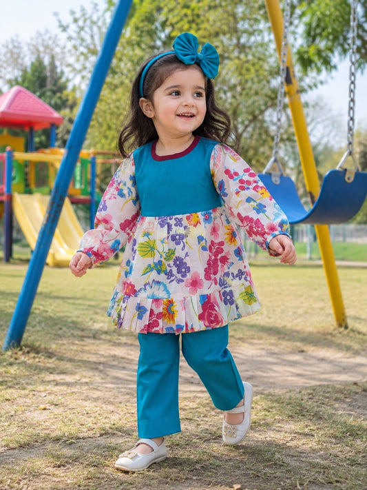 Full Bazoo Frock with Band & Blue Trouser in Winter Cotton