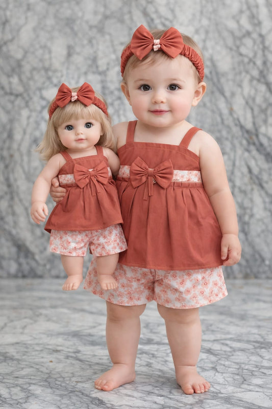 3PC Summer Cotton Frock with Short in Brown color