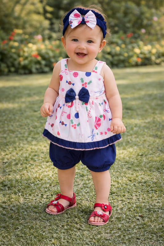Summer Cotton Frock with Band & Trouser in  Blue Bow