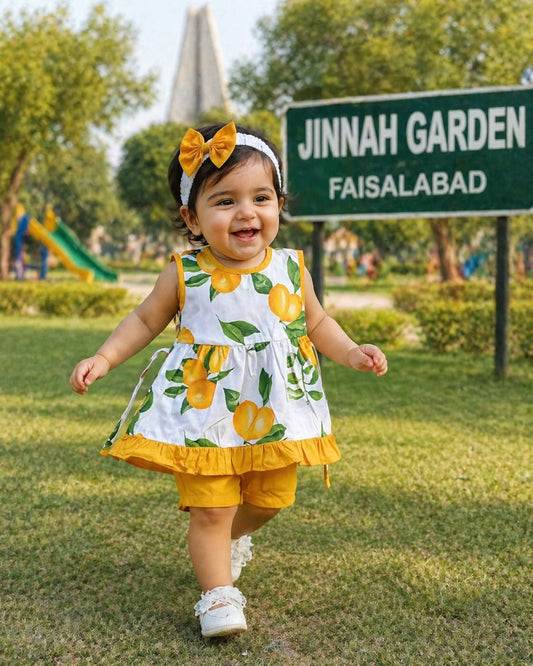 Frock & Short With  Same Band  in lemon Print