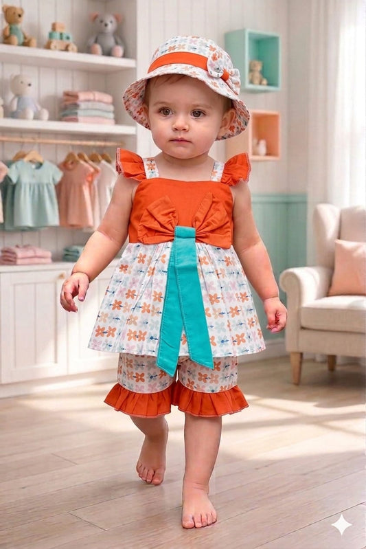 Frock with Cap & Short in Orange Contras