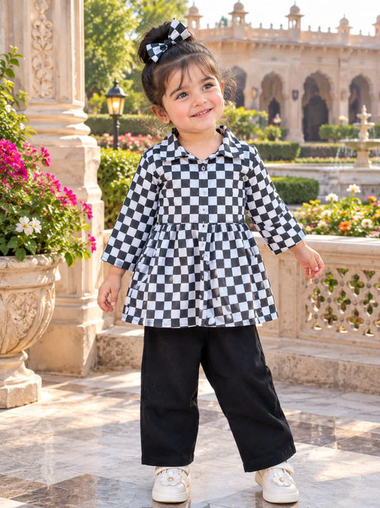 Full Bazoo Frock Check Design  with Band &  Trouser in Winter Cotton
