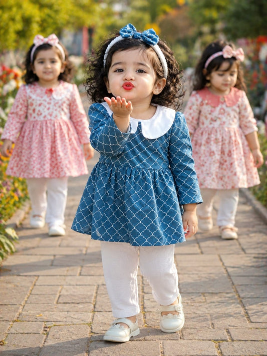 White collar Design Full Bazoo Frock with Band &  Trouser