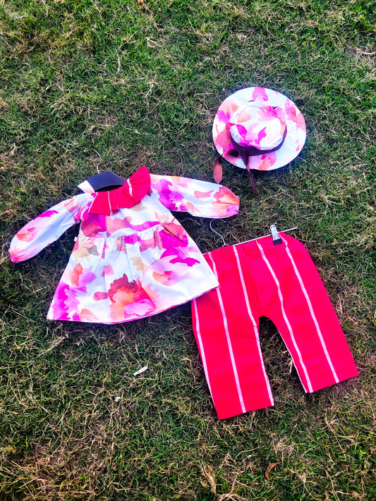 Frock with Cap & Trouser In Pink color