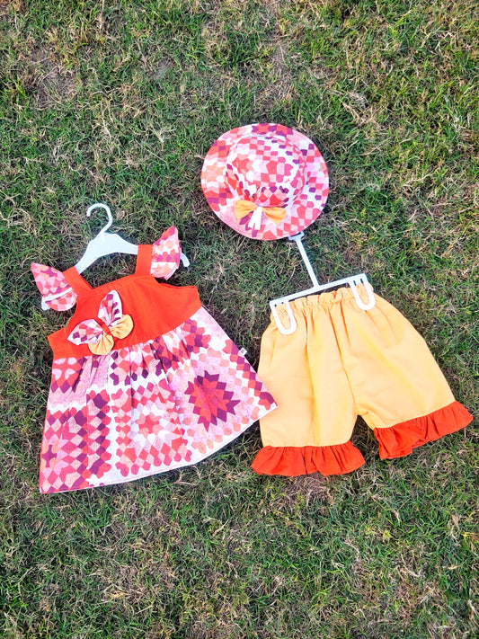 Frock with Cap & Shorts in Orange