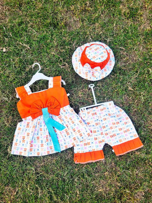 Frock with Cap & Shorts in Orange Contrast
