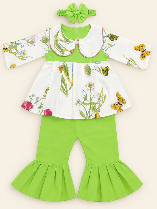 Full Bazoo Frock with Band & Green Palazzo in Winter Cotton