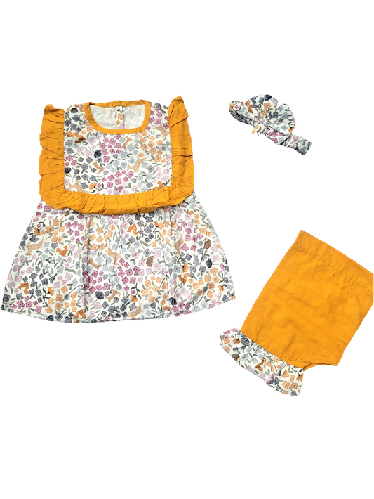 Summer Soft Cotton Frock with Shorts & Band  - Yellow Frill
