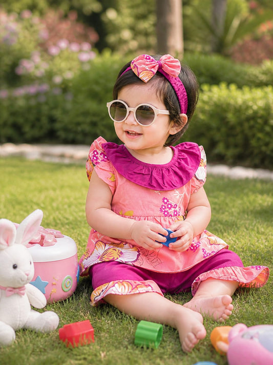 Frock with band & shorts with Pink wing  colar