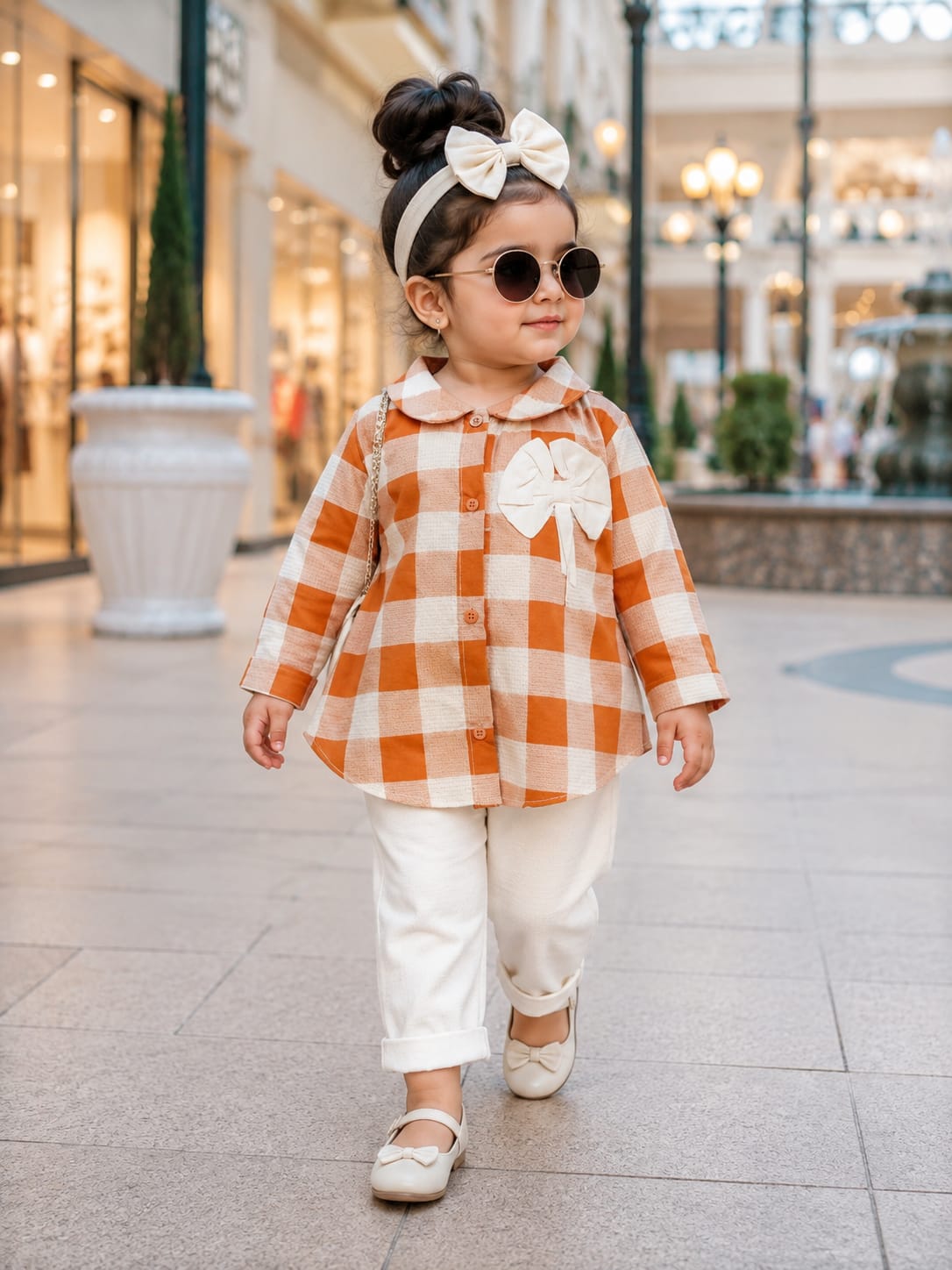 Full Bazoo Frock Brown Check with Band &  Trouser in Winter Cotton