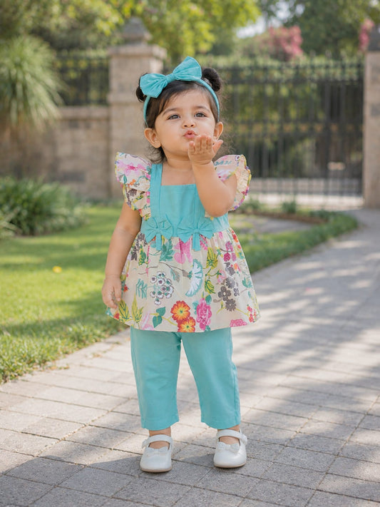 Frock with Band  & Trouser in Sky Blue Color