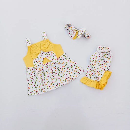 3PC Summer Cotton Frock with Short in Yellow color