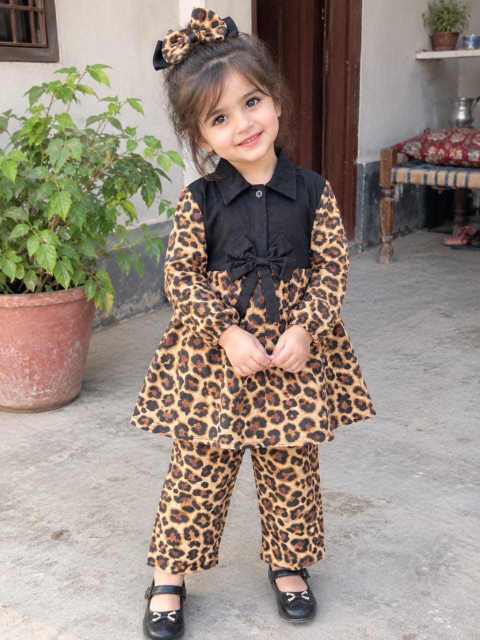 Full Bazoo Frock with Band & Black Cheeta Trouser in Winter Cotton